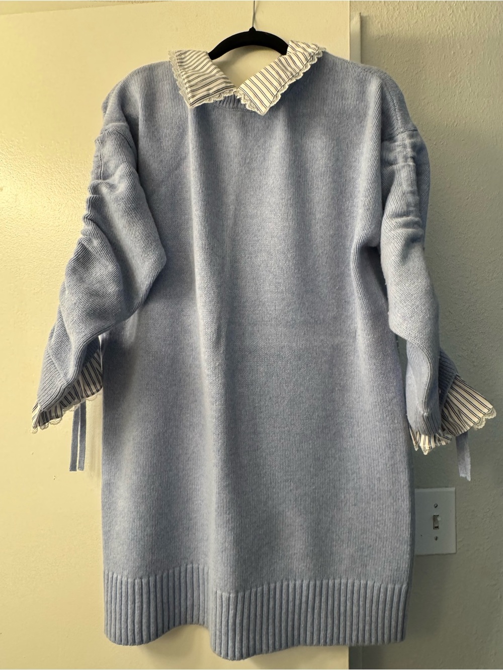 cinq a sept Powder Blue V-Neck Sweater with Striped Collar